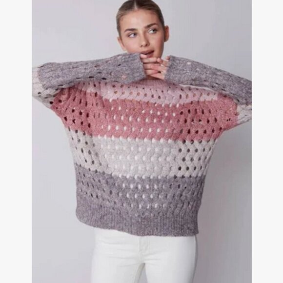 Charlie B Collection Open Weave Cropped Striped Sweater, Pink and Gray, Size L - Picture 1 of 6